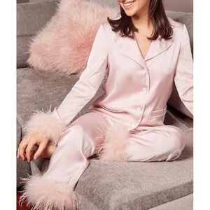 Nadine Merabi Darcie Pink Pajama Silk Touch Feather Trim top S